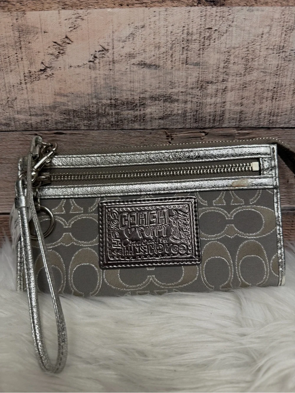 Coach Tan & Silver Signature Logo Print Wristlet